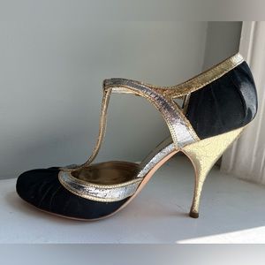 Miu Miu T-Strap Spectator Heel Fabric & Metallic Leather Sz 40
